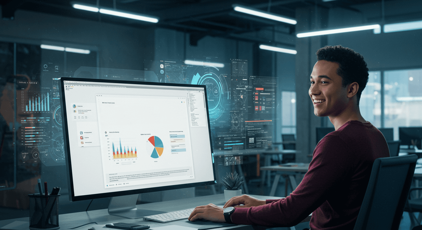 A futuristic office setting with a person smiling while sitting in front of a computer screen displaying a high-converting landing page generated by AI. The scene should convey efficiency, creativity, and success. Use vibrant colors and a modern digital illustration style.