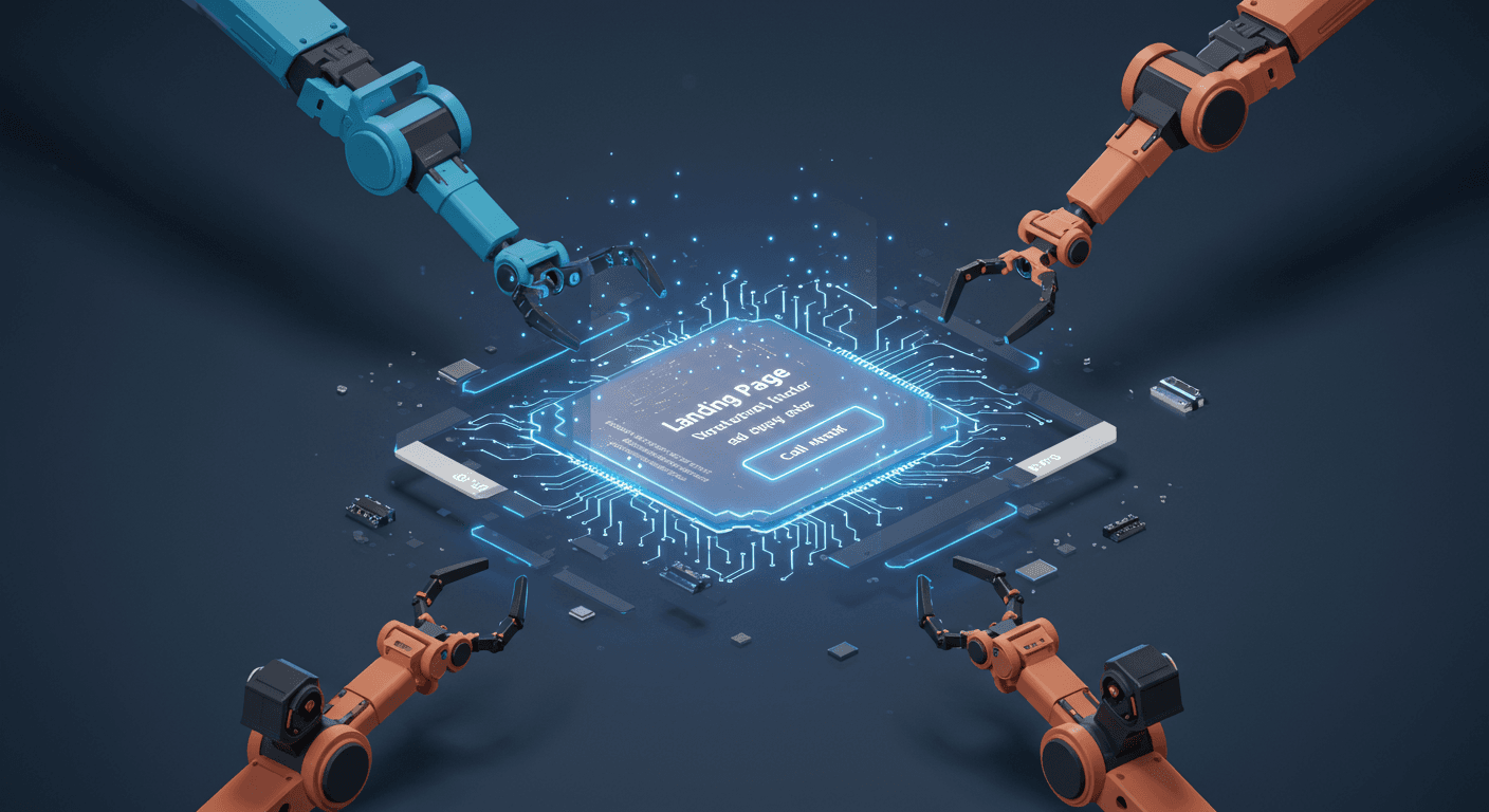 A futuristic and dynamic scene depicting a landing page template being assembled by robotic arms, glowing circuits highlighting AI integration, with a clear call-to-action button shimmering in the center. The overall aesthetic should be clean, modern, and suggestive of high conversion rates.