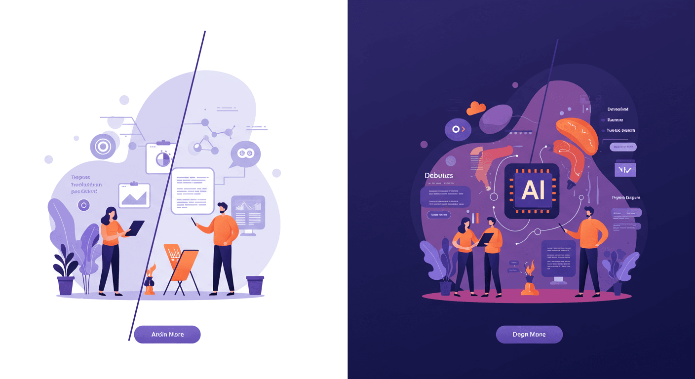A split-screen image: one side shows a traditional, static landing page; the other side shows a dynamic, AI-powered landing page adapting to user behavior. The AI side should be vibrant and engaging, while the traditional side appears dull and outdated.