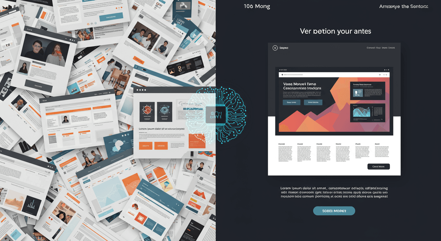 A split-screen digital illustration: On one side, a chaotic scene of various generic website templates overlapping each other, representing the limitations of free templates. On the other side, a sleek, modern, and highly customized landing page with vibrant colors and engaging graphics, showcasing the power of custom design. A subtle AI brain icon connects both sides, hinting at AI-powered solutions that bridge the gap. The overall style is modern, clean, and visually appealing, suitable for a tech blog.