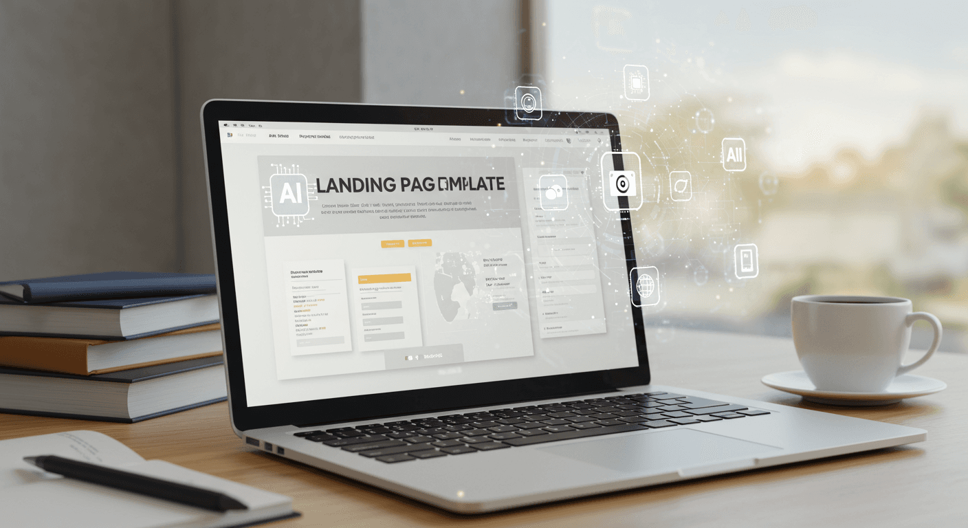 A clean, modern digital illustration of a landing page template on a laptop screen, with AI icons floating around it. The laptop is on a desk with marketing books and a cup of coffee. The overall tone is bright, professional, and slightly futuristic, emphasizing the AI aspect of the template.