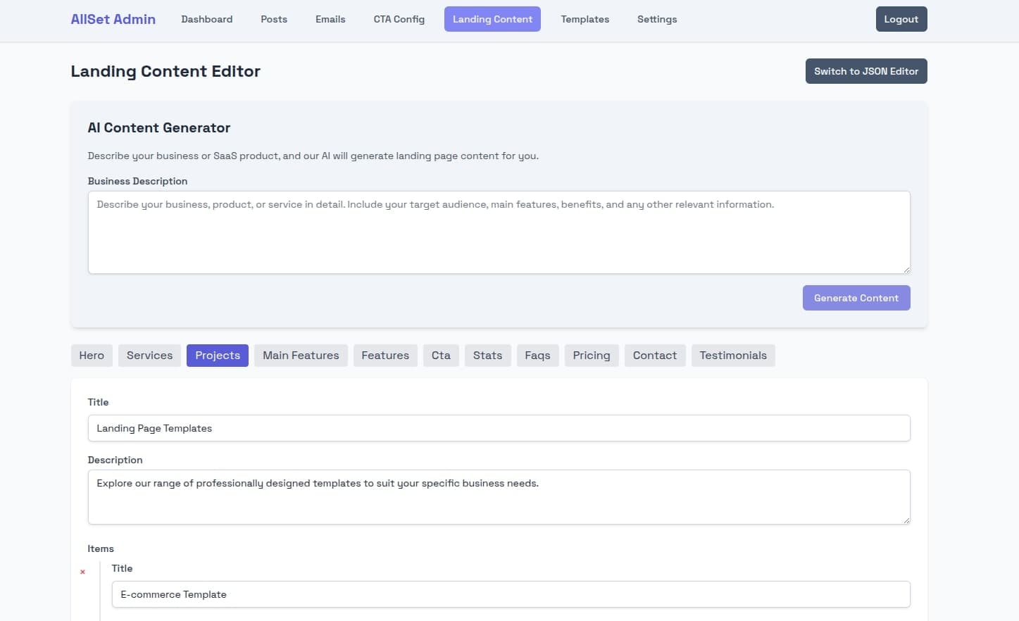 ALLSET Template Dashboard - Intuitive interface for creating high-converting landing pages